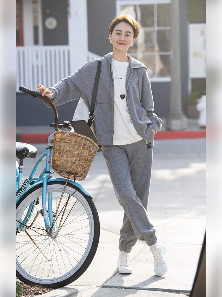 

WinnieTang Повседневная двусторонняя шелковая шерстяная толстовка с капюшоном, комплект из джата и брюк, вязаный цветной ансамбль против морщин