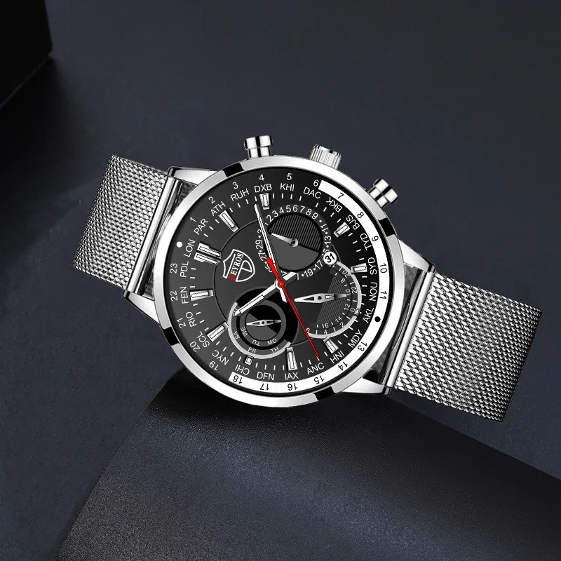 ساعة بحزام شبكي من الفولاذ المقاوم للصدأ هدية عيد الميلاد للرجال أصفاد كوارتز ساعات تناظرية للرجال هدايا للأب ساعة الجمعة السوداء