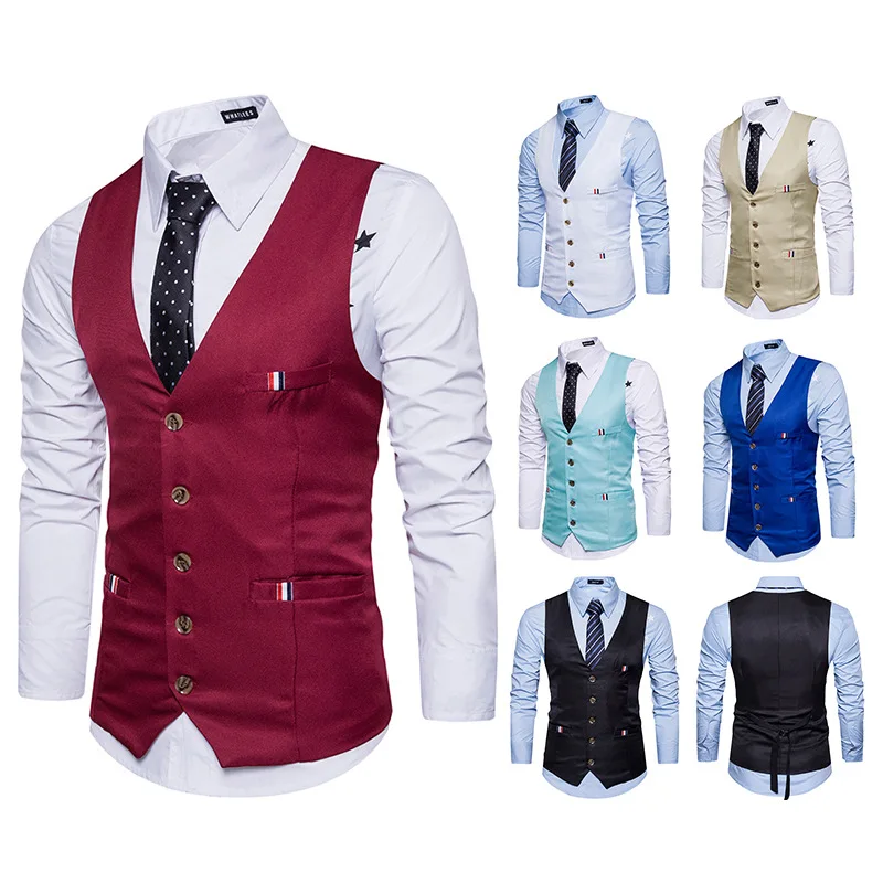 

Men Suit Vest Thin England Style Light Solid Color Pockets Button Slim Fit Formal Meeting Blazers Vests Casual Men Basic Clothes