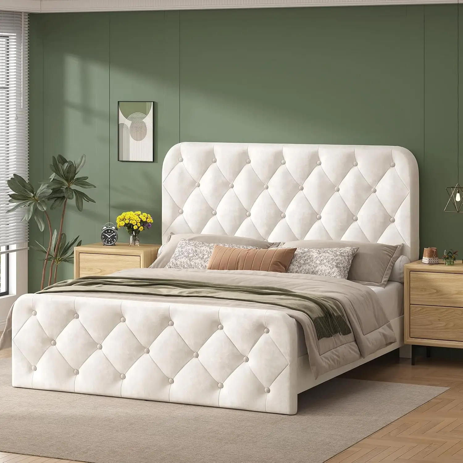 Queen Upholstered Platform Bed with Tufted Adjustable Headboard & Footboard, No Box Spring, Easy Assembly, Customized