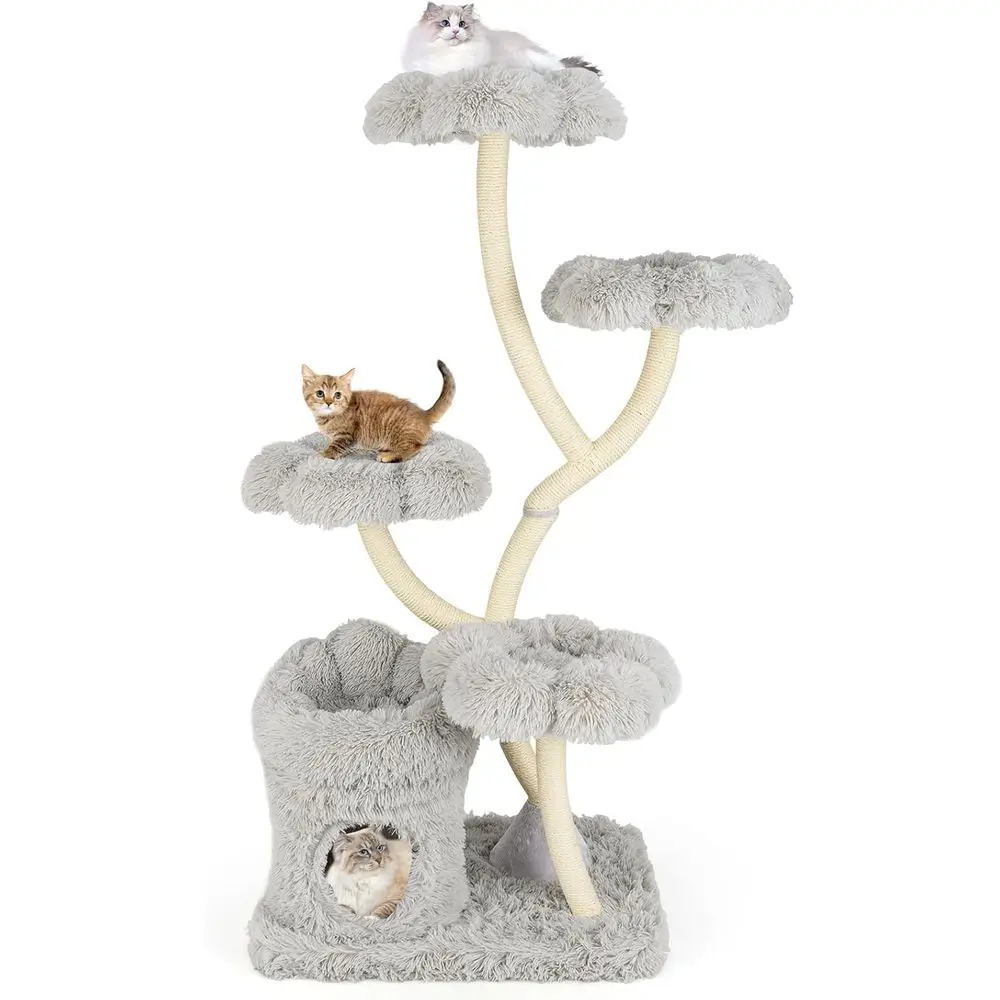 

65 Tall Cat Tower with Sisal Posts, Lower-Shaped Platforms, Padded Condo for Large Indoor Cats (Gray)