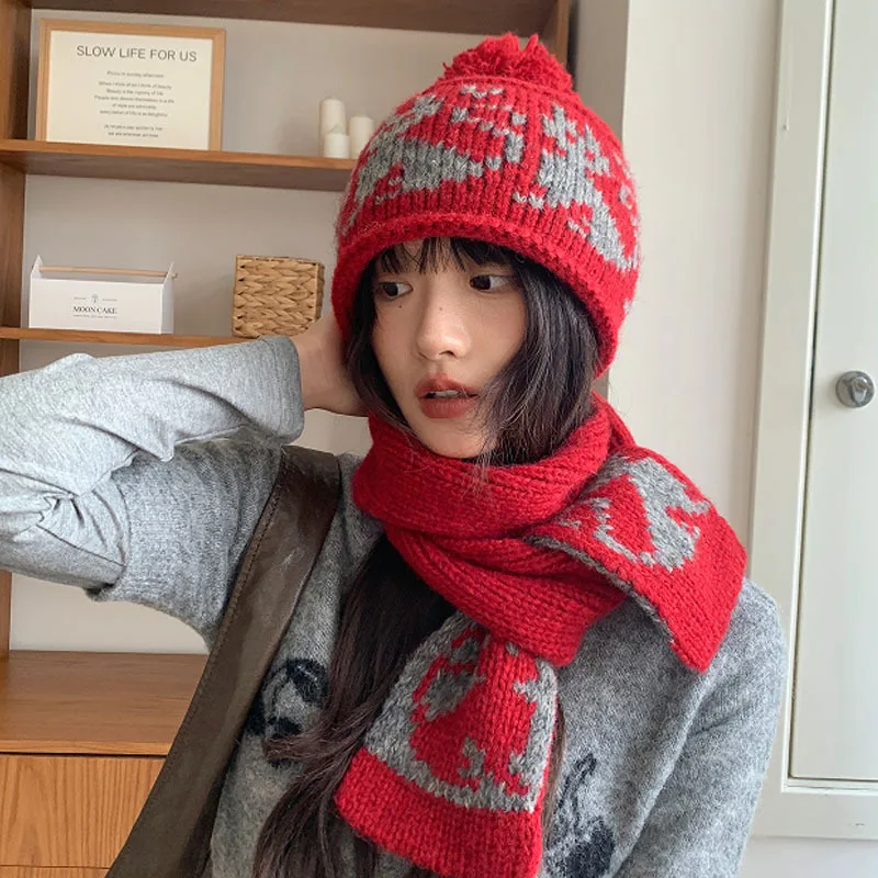 

Women's 2-in-1 Knitted Hat & Scarf Set - Winter Warm Ear Flap Face-Flattering Windproof Cold-Resistant Hat