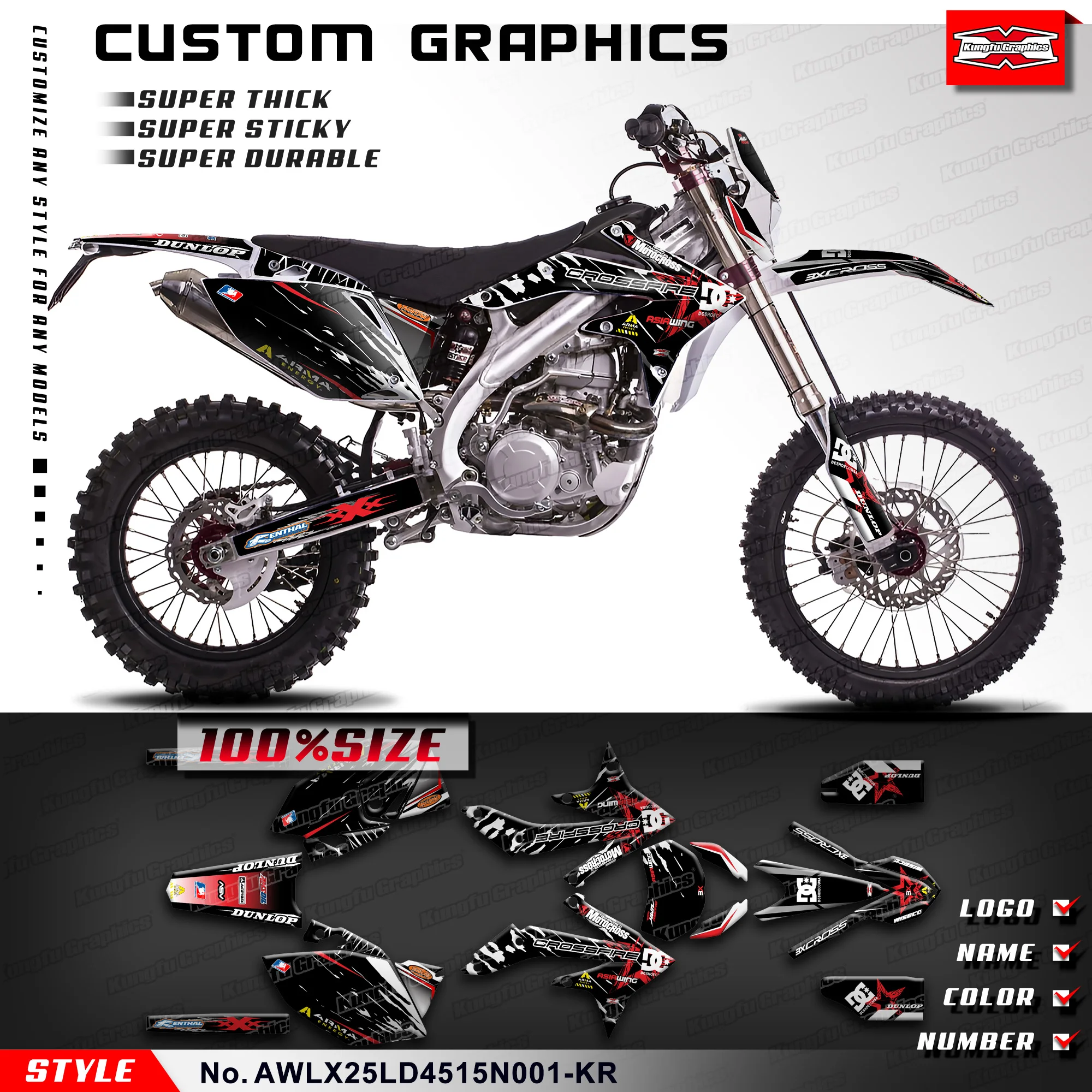 

KUNGFU GRAPHICS Racing Graphics Sticker Sheet Kit for Asiawing LX250 LD450 2015-2024, AWLX25LD4515N001-KR