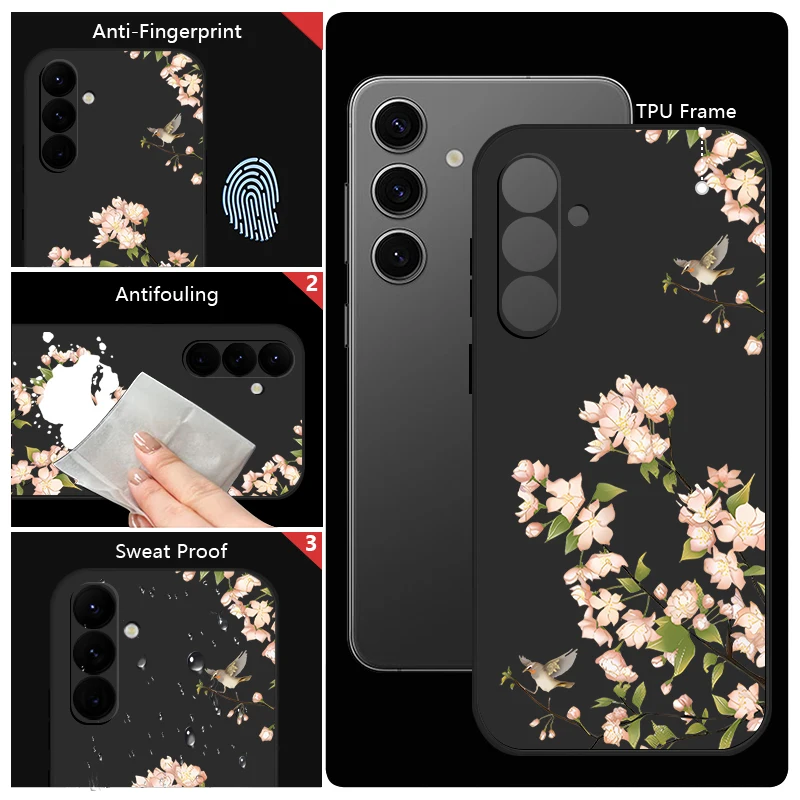 Pink Flowers Pattern Phone Case For Samsung Galaxy A55 A53 A54 A35 A15 A16 S25 S22 S23 S24 Ultra S23 FE Soft Hand Lanyard Cover