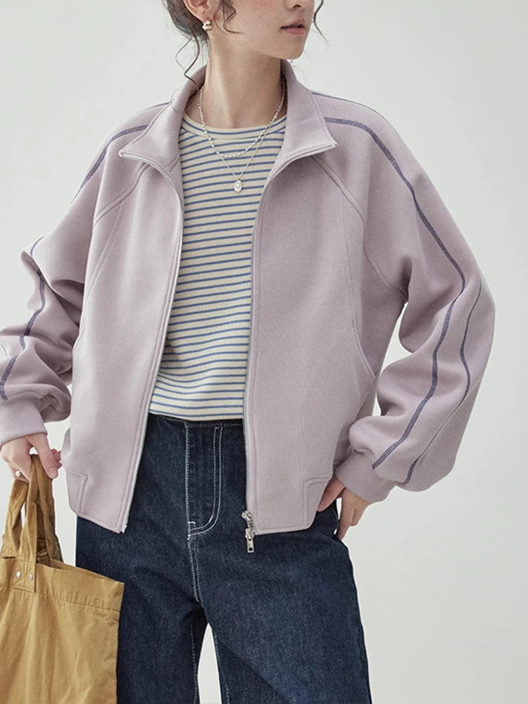 

Thiened Fce Hoodie Jaet Women's Casual Stand Collar Double Zipper Line Design Purple Top for Autumn Winter New Arrival