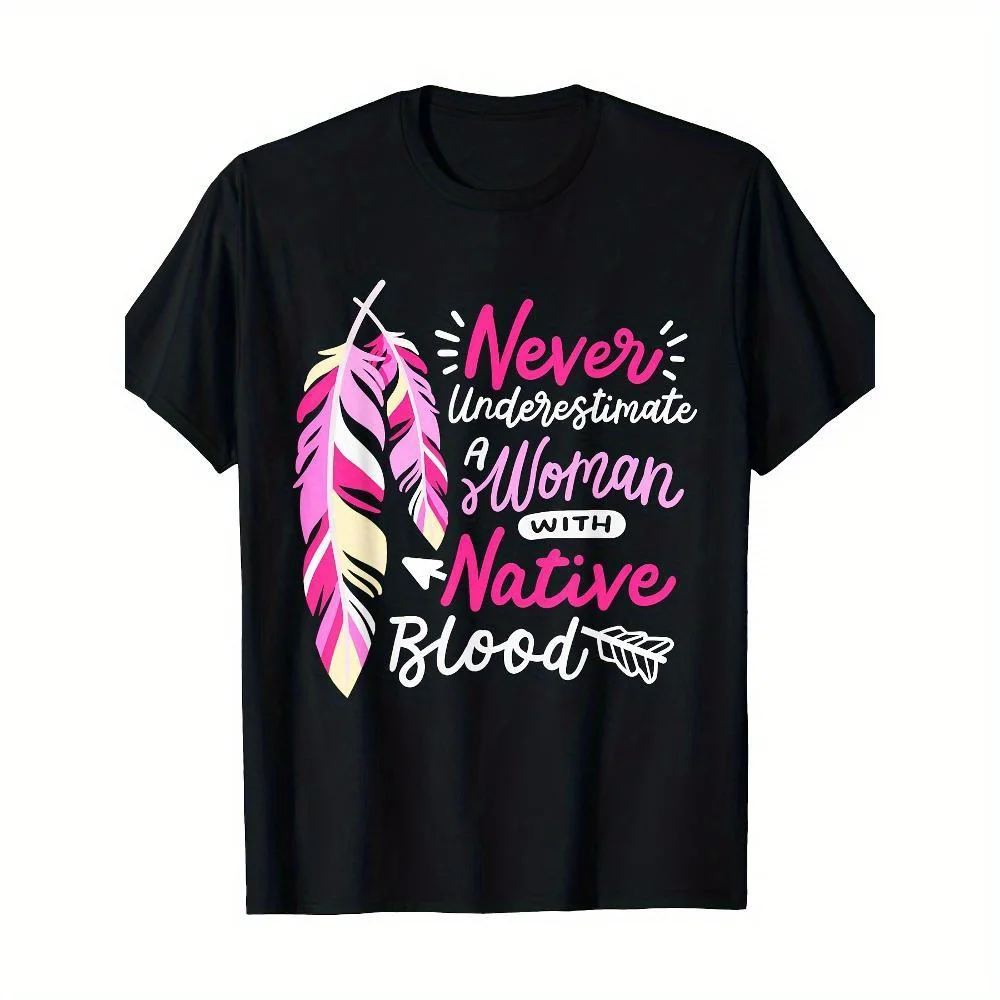 

Футболка Empowering Native American Pride — футболка с рисунком «Nigver Underestimate a Woman with Native Blood», 100%, черный с розовым цветом