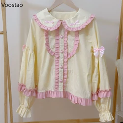 Japanese Sweet Lolita Style Shirts Women Kawaii Bunny Ear Peter Pan Collar Bow Blouses Girls Casual Y2k White Long Sleeves Tops