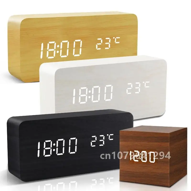 Wooden Digital Clock Multi-function LED Alarm Clock with Time/ Date/ Temperature Display and Voice Control for Home Office Trave