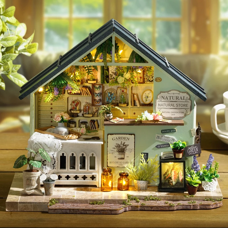 DIY Holz Miniatur Modell Kit Pflanzen Studio Cottage Puppenhäuser 3D Puzzle Puppenhaus mit Möbeln für Freunde Geburtstagsgeschenke