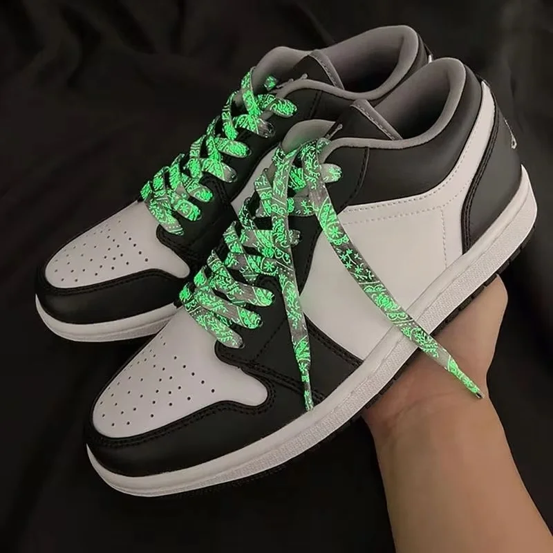 Flat Luminous Shoelaces for Sneakers Fluorescent Glow-in-the-dark Printing Cashew Flower Splash Ink Shoe Laces for Woman Man