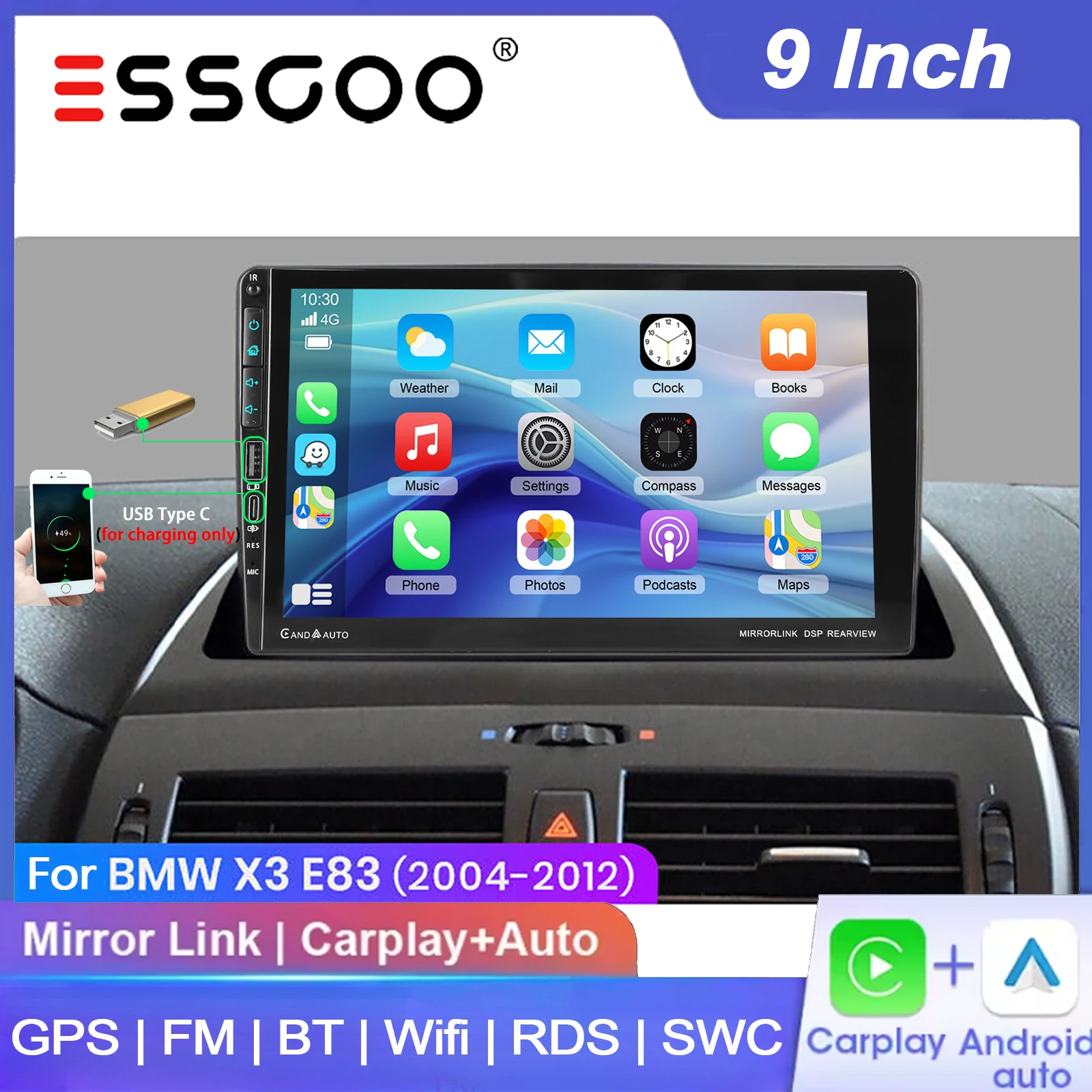 ESSGOO, autoradio Android 15 da 9 pollici per BMW X3 E83 (2006-2010), con Carplay wireless, Android Auto, 4+64 GB di memoria, navigazione GPS, radio, USB, porta di tipo C, FM, Bluetooth, WiFi, RDS,