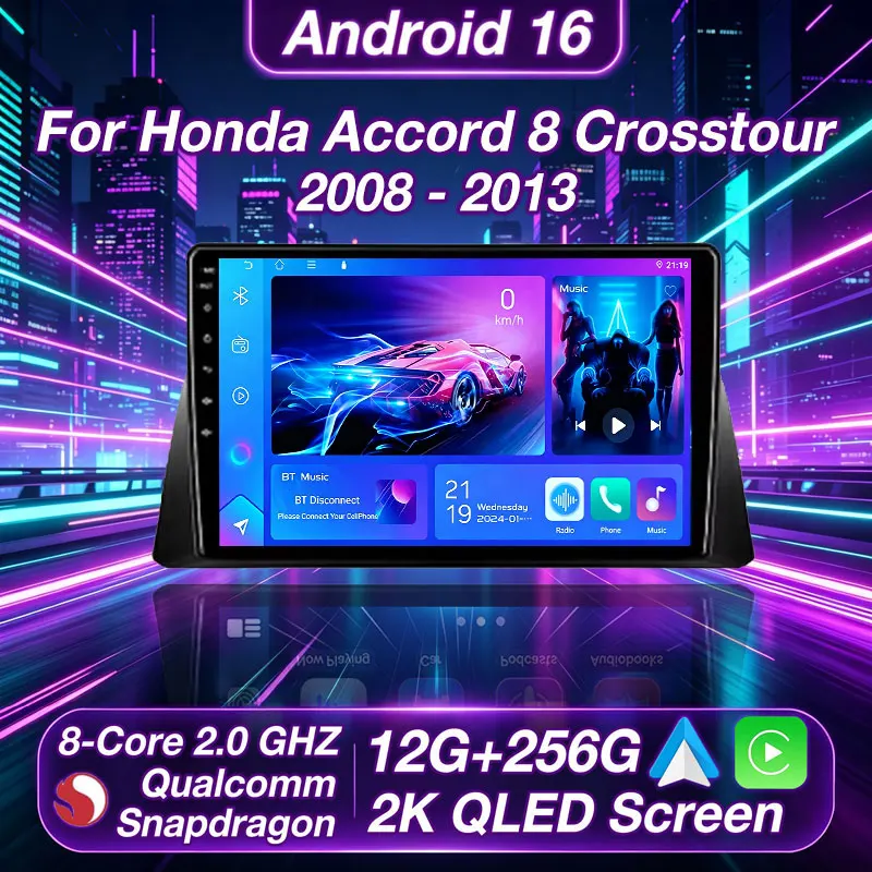 CarPlay inalámbrico y Android Auto para Honda Accord 8 Crosstour 2008-2012 Reproductor multimedia Android 16 Estéreo DTS 4G 2 DIN Autoradio