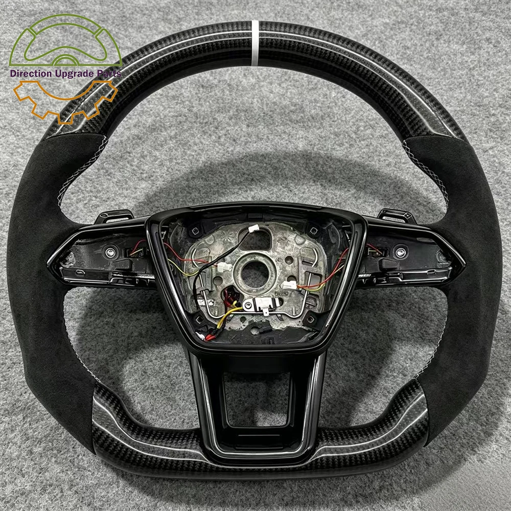 

For Audi A6 RS6 C8 Full Carbon Fiber Suede Leather White Line Flat Bottomed Sports Steering Wheel