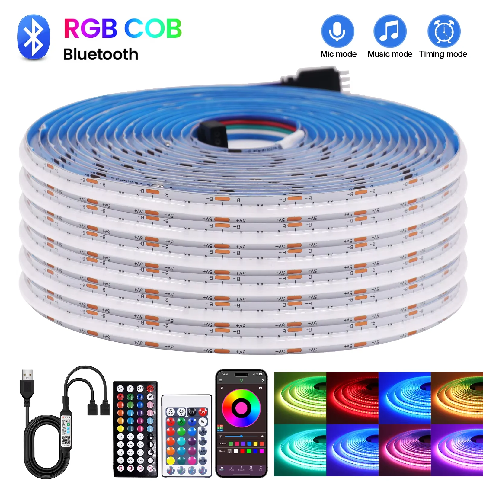 

5V RGB COB LED Strip 576LEDs/m Bluetooh App IR Remote Control USB RGB LED Strip Flexible Tape for TV Backlight Room Decoration