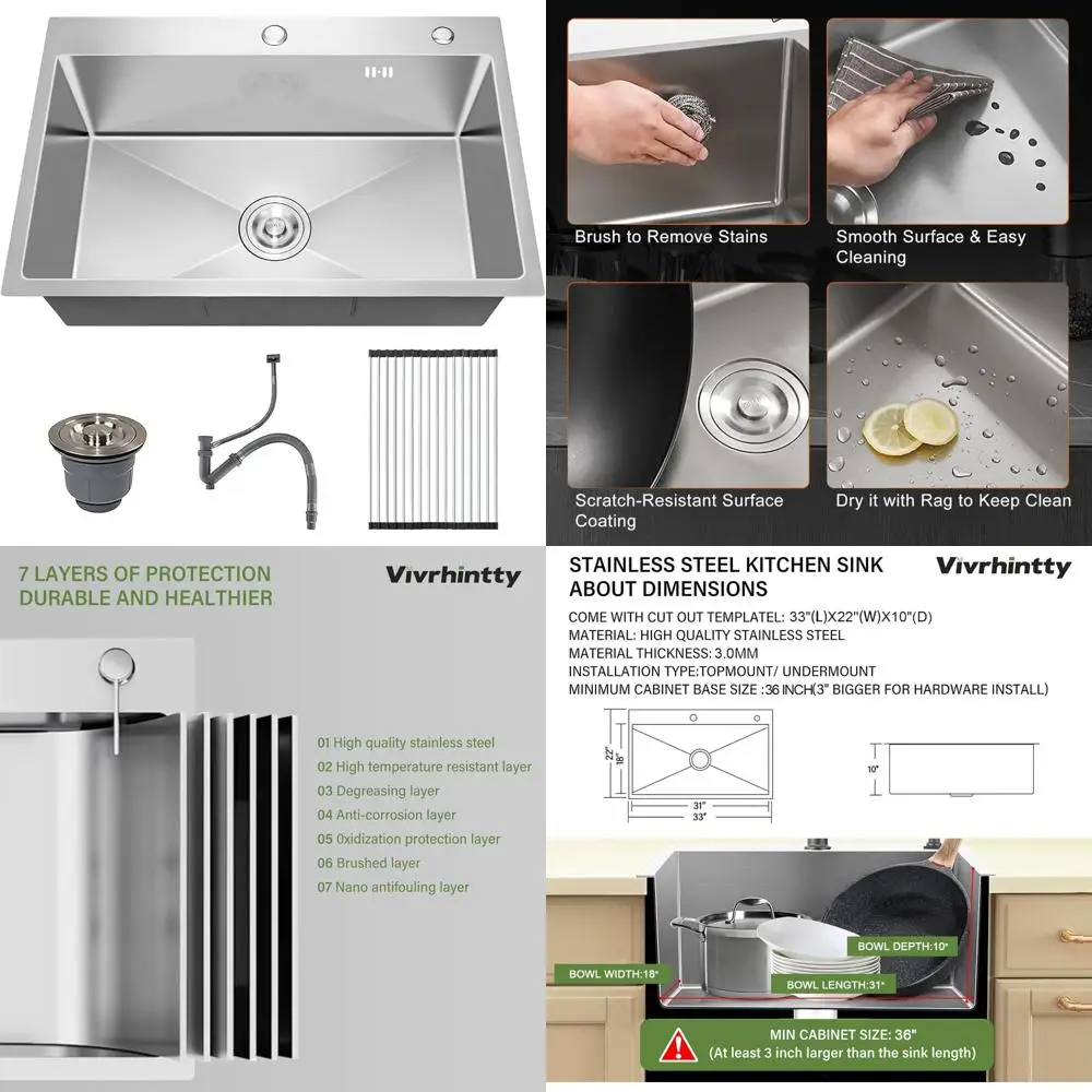

Large Top Mount Single Bowl Kitchen Sink - 33x22 Deep Stainless Steel Sink with Nano Coating for Kitchen and Laundry Room Use