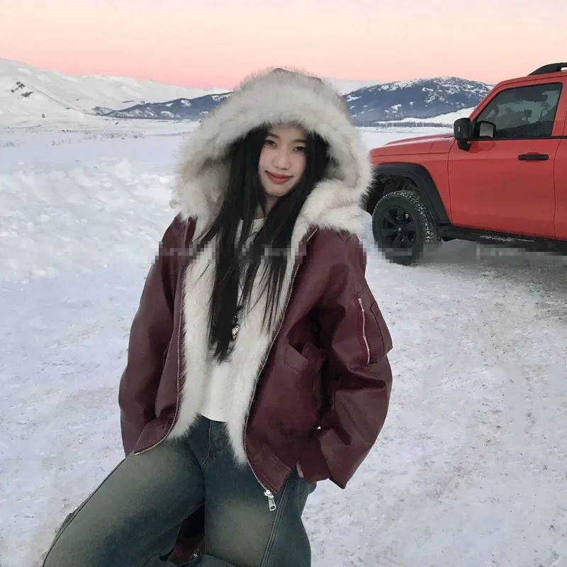 امرأة كبيرة فو الثعلب الفراء مقنعين طوق فو سترة جلدية سميكة فرو المنك تقسم بولي Coat معطف القطن اصطف سحابات سترة القمم