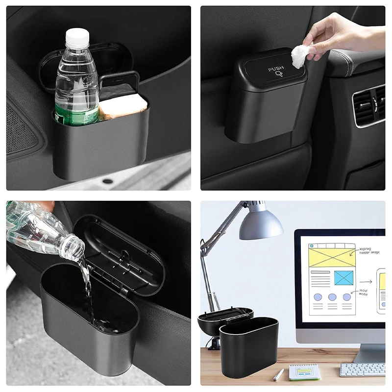 1L Car Interior Storage Box Trash Can with 4 Rolls (60pcs) Trash Bags ABS Mini Trash Can with Lid with Trash Bag Car Storage Bin