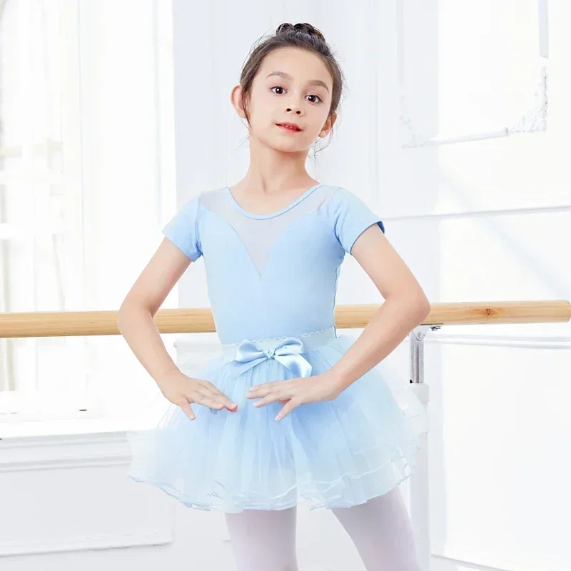 Meninas ballet collant ginástica bodysuit malha splice trajes crianças manga curta chiffon tutu vestido crianças ballet dança wear