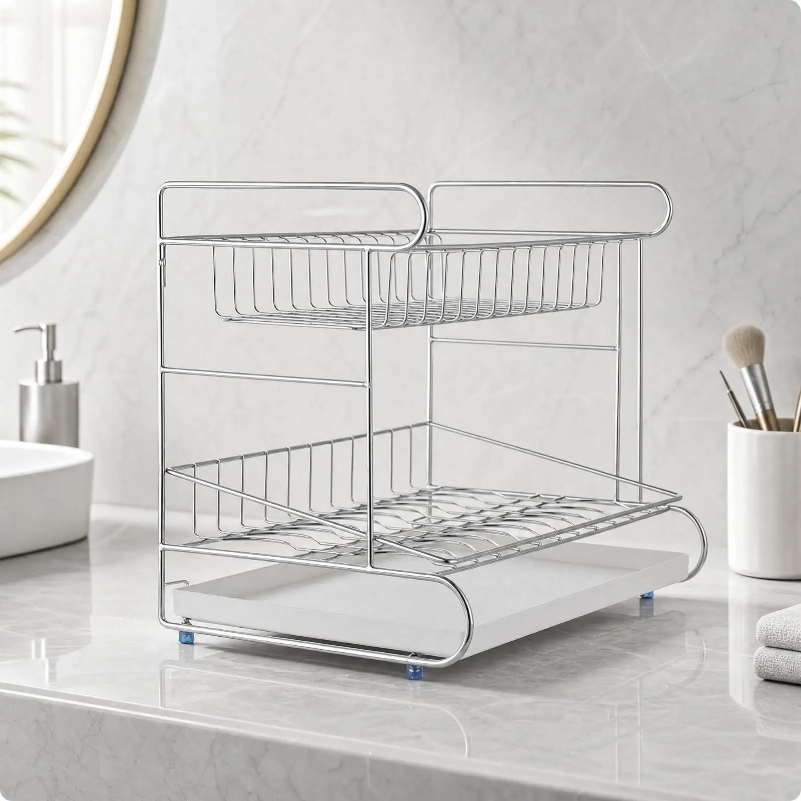 Stainless Steel Desktop Storage Rack Low-Profile Wire-Frame Countertop Organizer for Dressing Table, Vanity Area, Bedroom