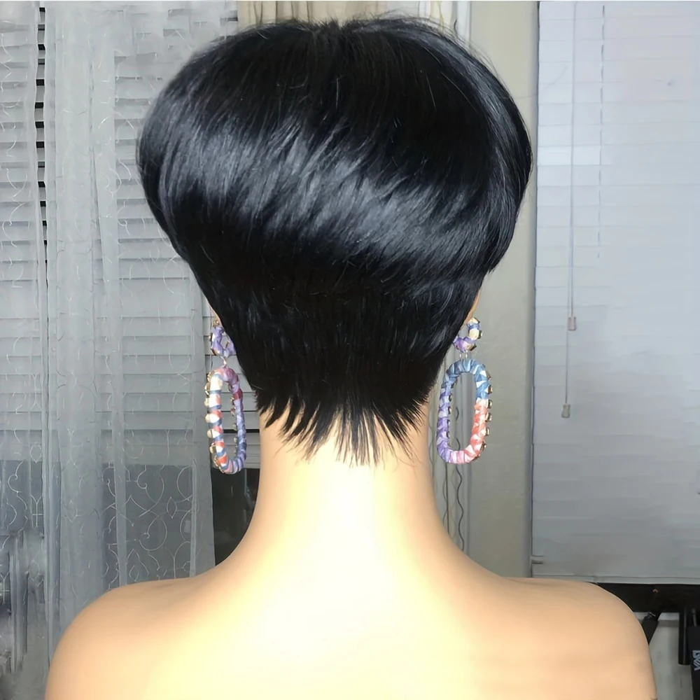 Black Pixie Cut Bob 100% Human Hair Wigs Full Machine Made Wig With Bangs Straight Remy Hair Short Bob Wig For Women