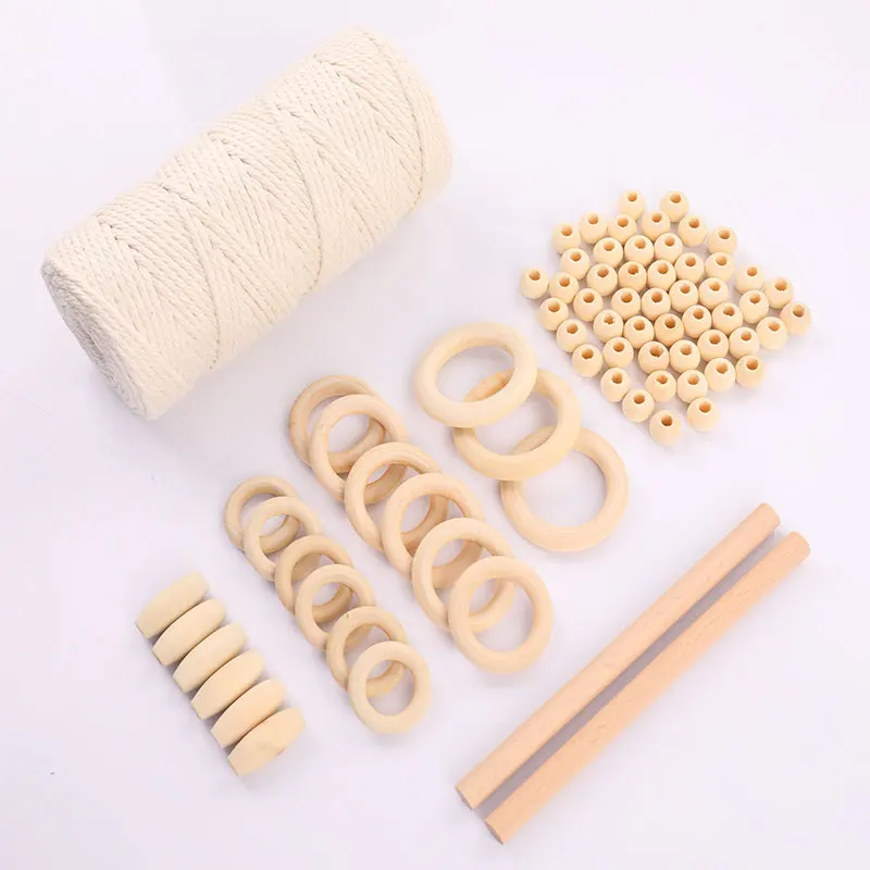 1Set Macrame Cord Cotton Rope With Wood Ring Wooden Beads For DIY Wall Hanging