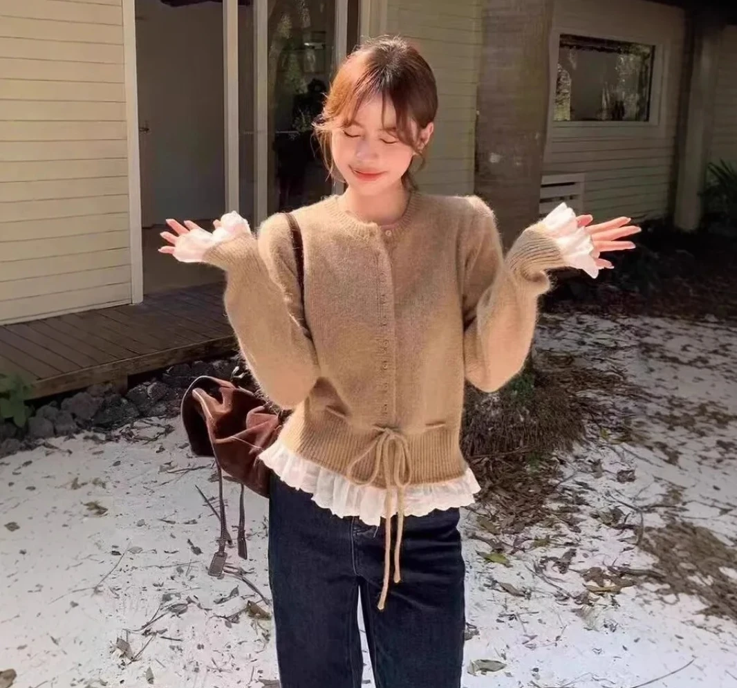 Herbst Winter Neue Kordelzug Taille Nach Inward Kleidung Koreanischen Stil Langarm Spitze Splice Gestrickte Pullover Mantel frauen