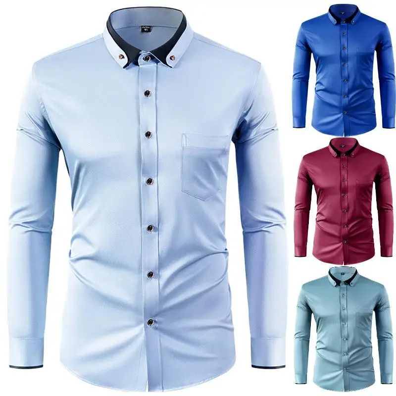 

Elastic Long Sleeve Men's Shirt Color Block Collar Slim Fit Style Casual Fashionable Plain Color Male Model Clothing