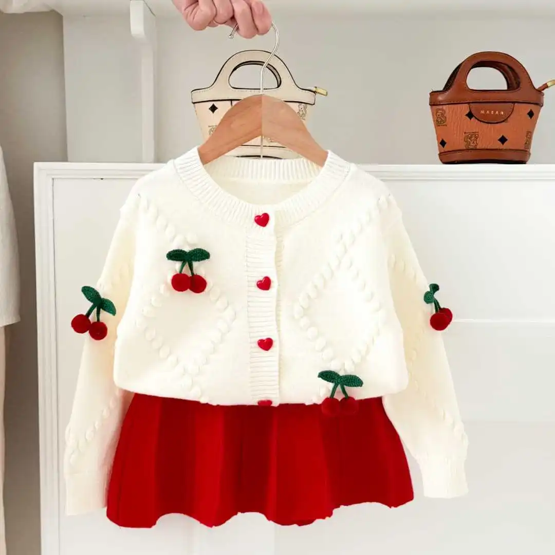 سترة صوفية متماسكة من الكرز للفتيات سترة ربيع الخريف الجديدة للفتيات الصغيرات أنيقة ولطيفة