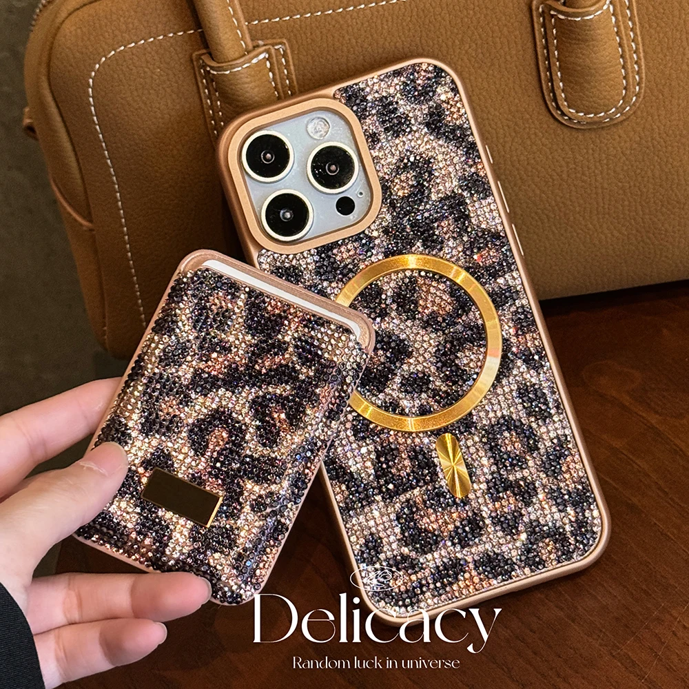 

Luxury Rhinestone Leopard Print Phone Case for IPhone 16 15 14 13 Pro Max Glitter Crystalline Magsafe Card Case Shockproof Cover