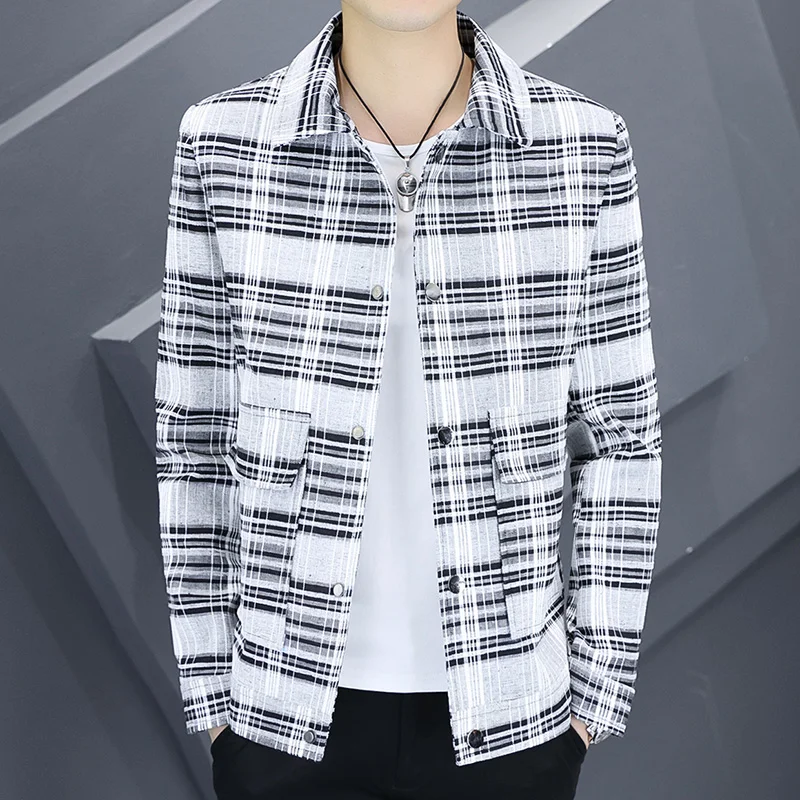 

Модная полосатая рабочая куртка для мужчин: весенне-осенняя, стильная, молодежная, из полиэстера, с длинными рукавами, приталенного кроя, верхняя одежда