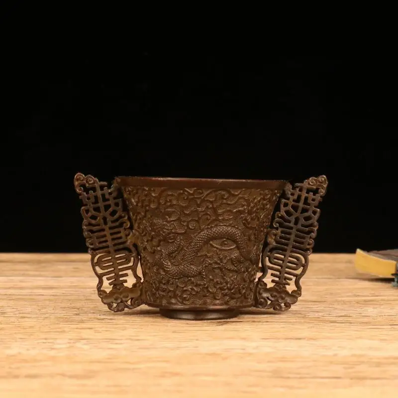 Old Chinese Dynasty Bronze Animal Loong Dragon Phoenix Bird Tea Cup Bowl