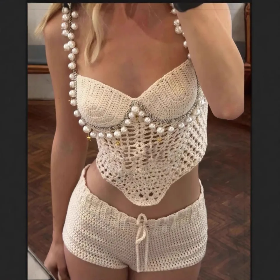 Sexy Beading Crochet Crop Vest Shorts Sets Women Slim Hollow Out Strapless Tops Drawstring Pants Two Piece Set Beach Outfits