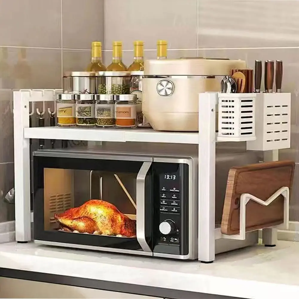 Expandable Microwave Stand 15.7-24.8L White Oven Rack | Heavy Duty Shelves with 6 Hooks and Chopsticks Cutting Board Tools Holde