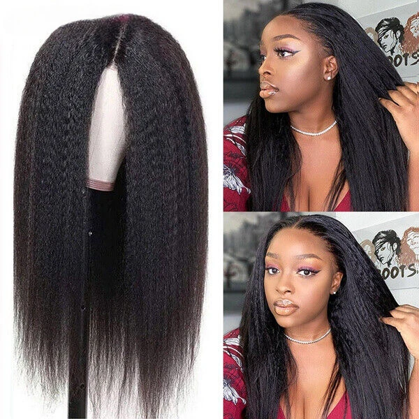 Perucas longas de cabelo reto Yaki para mulheres negras, sintéticas, calor seguro, preto completo