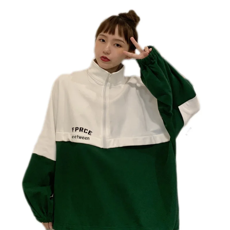 Women Stand-up Collar Sweater Spring Autumn New Korean Version Loose Zipper Embroidery Student Thin Sweatshirt Top