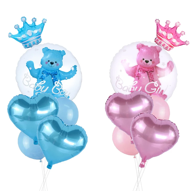 Balões de urso e coração, rosa e azul, festa de bebê, bolas de aniversário, brinquedos de gênero, decoração, menino e menina