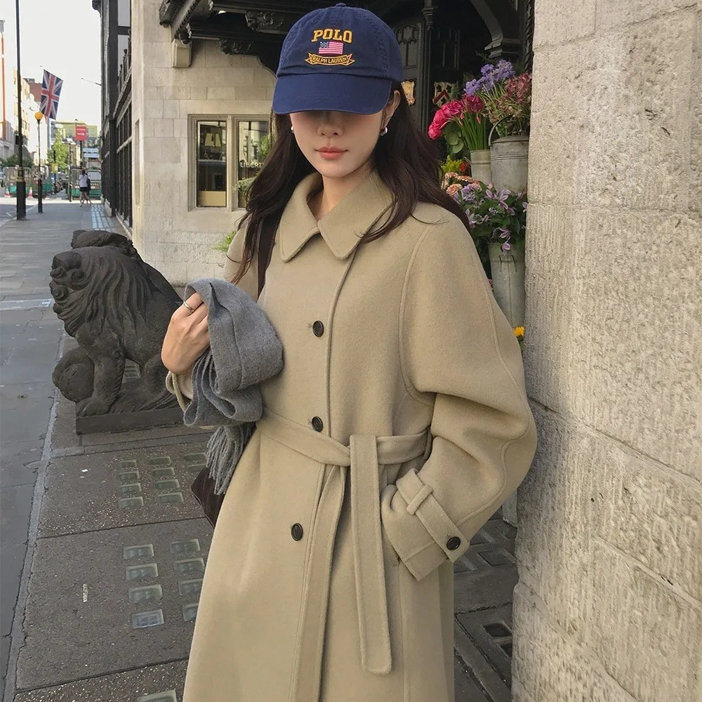 

Long Winter Vintage Wool Coat Jacket Women Single Breasted Woman Woolen Overcoat with Belt Slim Outerwears Female 2025