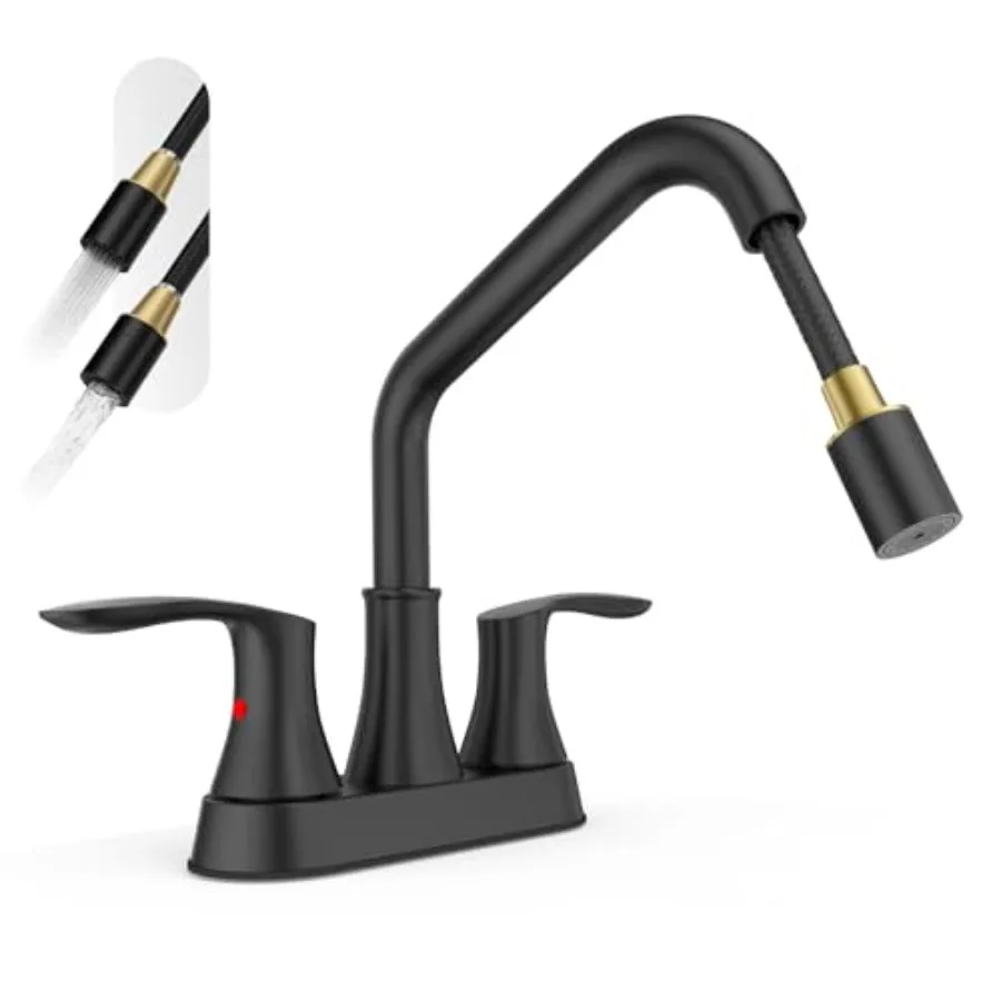 

Black Utility Sink Faucet 3 Hole, Laundry Sink Faucet with Pull Out Sprayer, Long Spout Dual Handle Modern Bathroom Faucet, 4 I