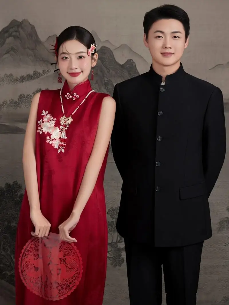 

Chinese Style Wedding Morning Robe Engagement Photography Couples Traditional Costume Bride Gown Polyester Fiber Summer Colle...