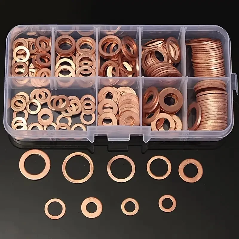 200/100PCS Copper Washer Gasket Nut And Bolt Set Flat Ring Seal Assortment Kit With Box //M8/M10/M12/M14 For Sump Plugs Washers