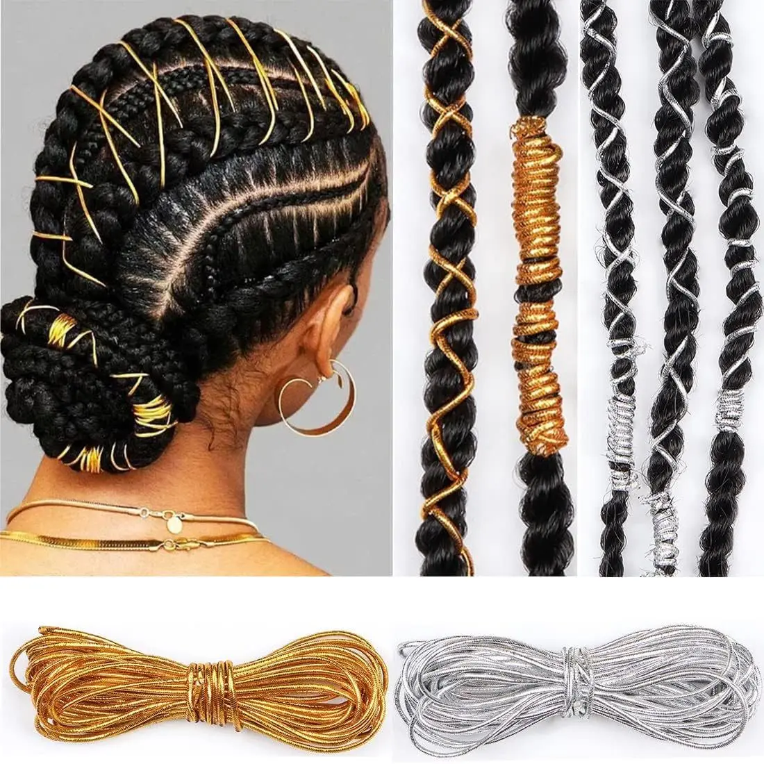 Corda per capelli Dreadlock fai da te in oro argento da 5 m Boho Kids Craft Accessori per capelli non groviglio