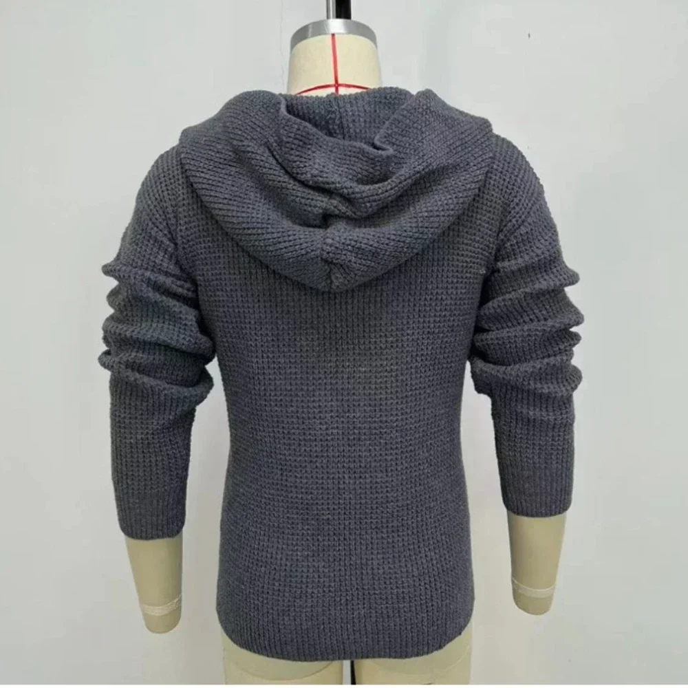 Autumn Winter New Menswear Double Breasted Cardigan Hooded Sweater Solid Color Long Sleeve Knitted Jacket Male Tops