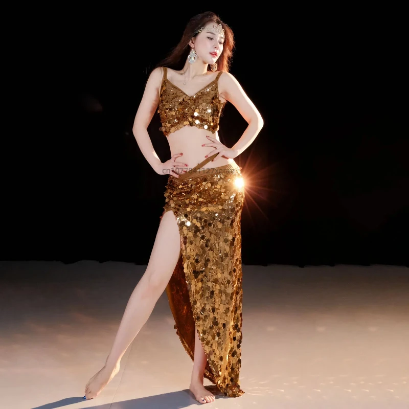 밸리 댄스 스팽글 의상, 인도 댄스 세트, 여성 그룹 공연 의상, 민소매 탑, 안전 바지가 있는 슬릿 스커트