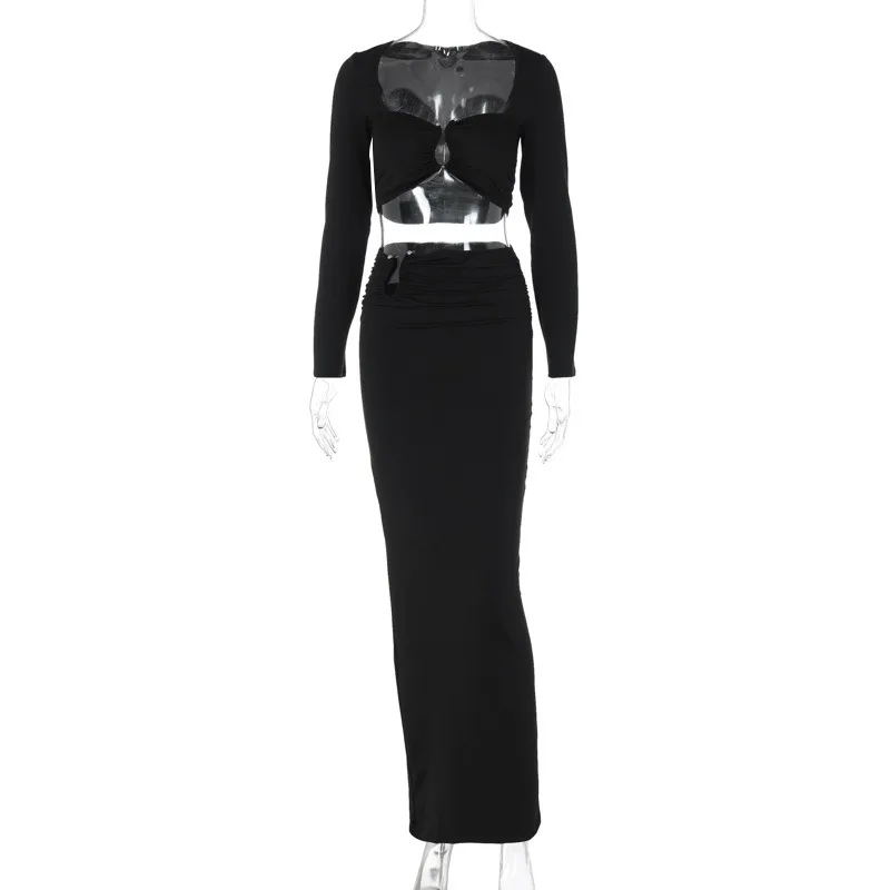 Sexy Women Two Piece Set Party Elegant 2023 Autumn Wrap Chest Long Sleeve Crop Top Split Back Long Skirt Slim Outfits Streetwear