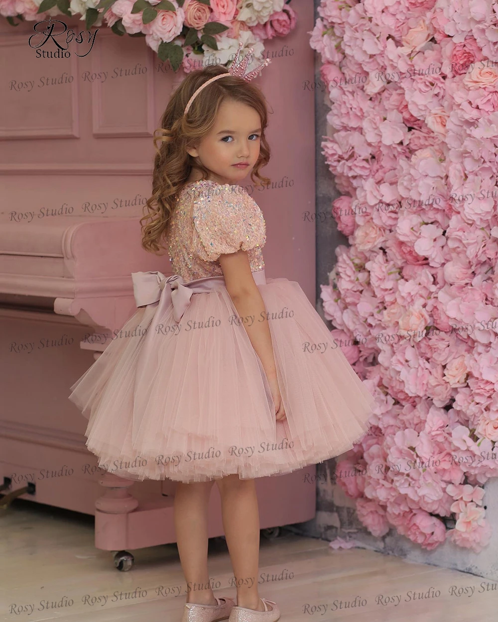 Robe trapèze en Tulle rose à fleurs pour filles, longueur aux genoux, robe de princesse à paillettes, robe courte de première Communion pour mariage