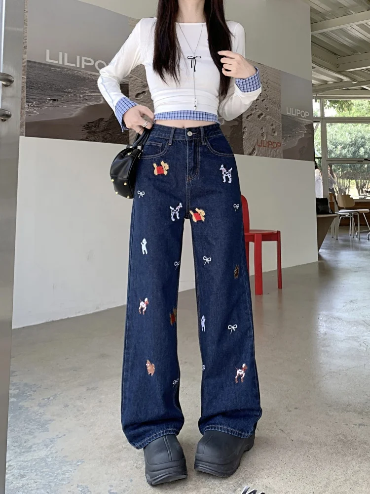 2024 Ropa Y2K Fashion Butterfly Knot Puppy Embroidery Baggy Jeans Pants For Women Clothes Dark Blue Straight Lady Denim Trousers