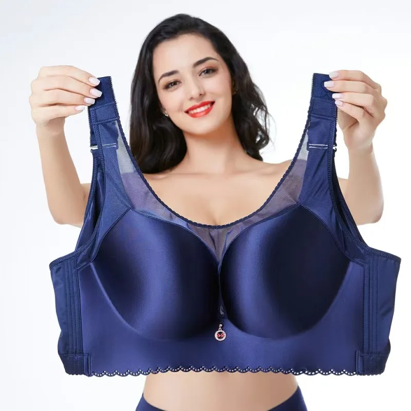 Soutien-gorge sans fil push-up en soie glacée sans couture avec dentelle pour femmes à forte poitrine, grande taille, anti-affaissement, confortable, lingerie