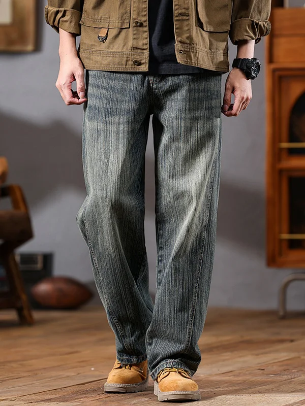 

Retro American Style Men's Jeans Straight Loose Fit Autumn Winter Versatile Bamboo Fiber Pattern High Street Wide Leg Long Tr...
