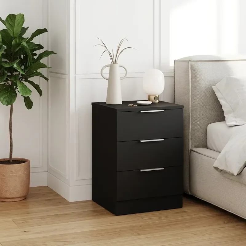 3 Drawer Black Modern Wooden Bedside Table with Metal Handle Locker for Bedroom Living Room Dining Room Small Space