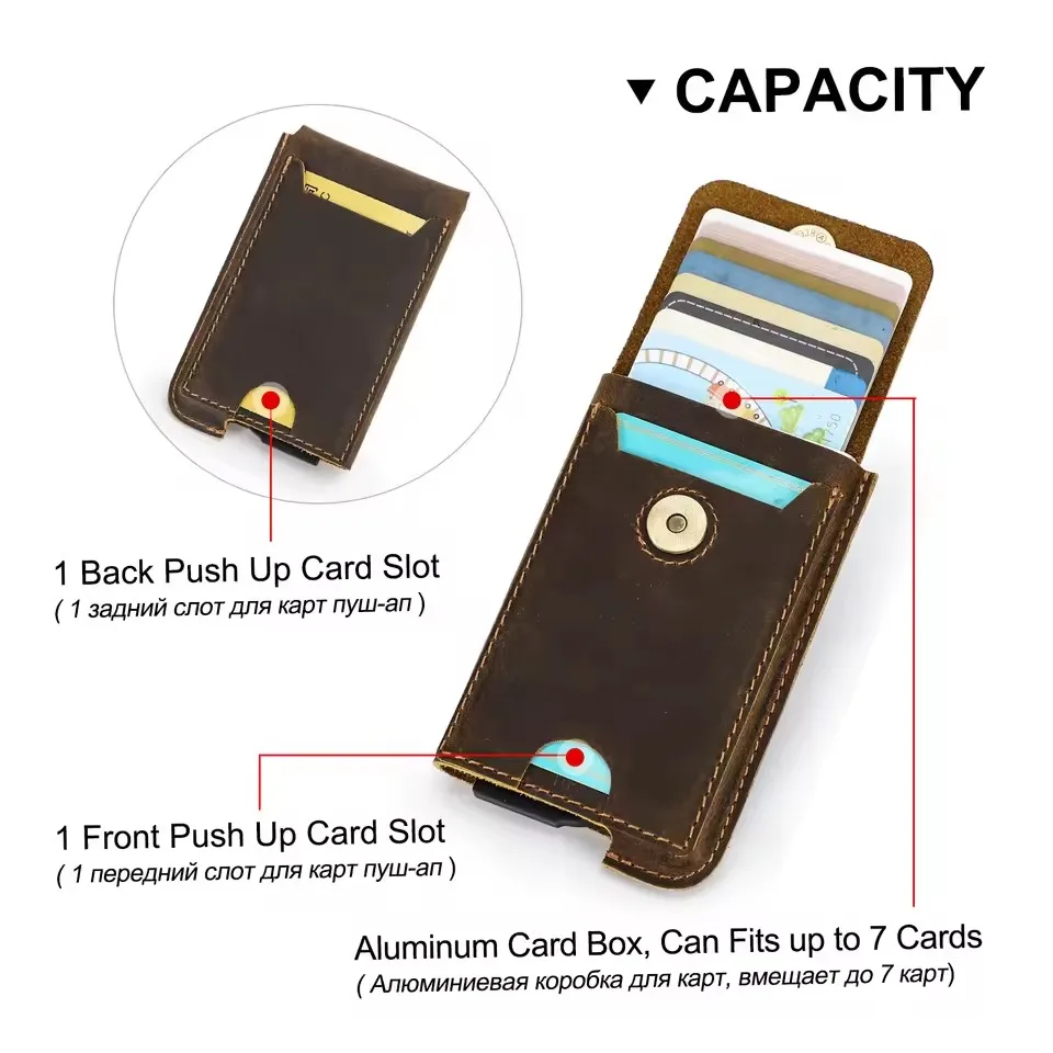 Vintage Genuine Leather RFID Blocking Card Holder Wallet for Men Luxury Card Wallet Case Aluminum Metal Slim Cardholder